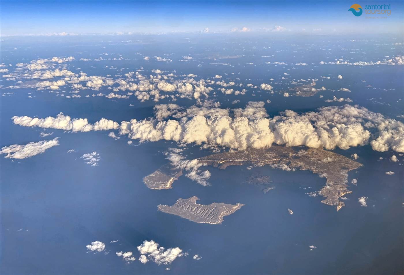the caldera from the air on a santorini helicopter tour